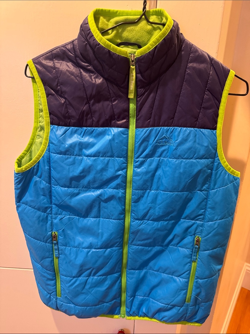 L.L. Bean Blue and Navy Quilted Kids Vest with Lime Trim